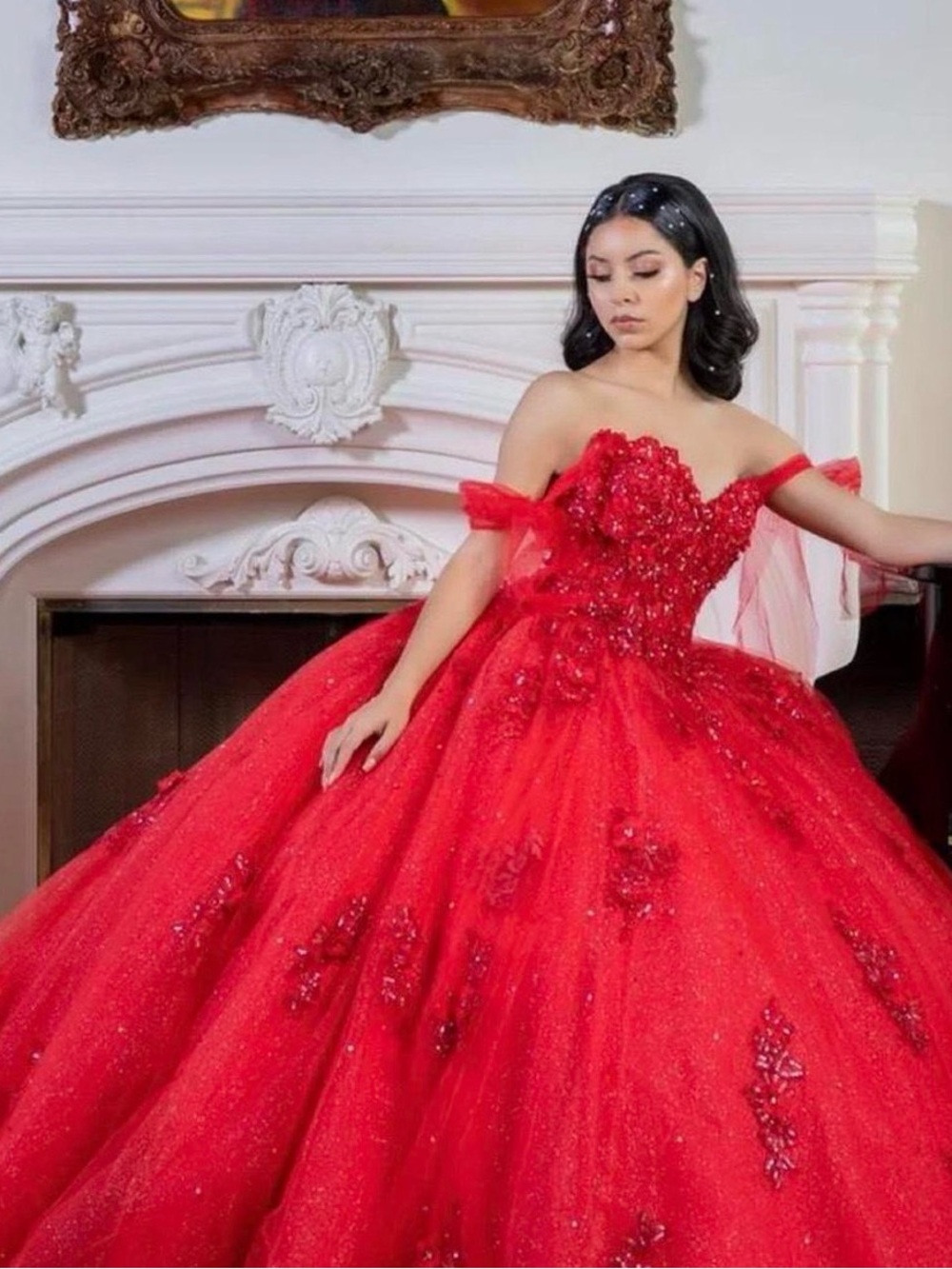 Off-Shoulder Red Moda 2000 Quinceañera Dress